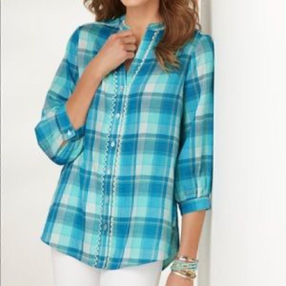 Soft Surroundings- Women’s Plus Blue Gauze Lightweight Plaid Button Down, 1X